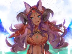  animal_ears aqua_eyes breasts cleavage commentary_request dark-skinned_female dark_skin ears_through_headwear fate/grand_order fate_(series) female gem hood horns jewelry large_breasts long_hair looking_at_viewer motoaki navel open_mouth purple_hair queen_of_sheba_(fate) smile solo tan upper_body 