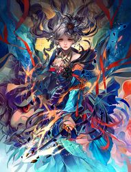  black_flower braid breasts cleavage commentary_request drill_hair female flower fumo grey_hair hair_flower hair_ornament hannya holding holding_sword holding_weapon kamchatka_lily katana lily_(flower) original parted_lips petals red_eyes sengoku_taisen short_sword solo sword tassel weapon 