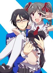  1boy :d arm_around_neck ascot bad_id bad_pixiv_id bare_shoulders black_hair blue_eyes blush bow brother_and_sister carrying embarrassed female frills glasses hair_ribbon hairbow highres idolmaster idolmaster_cinderella_girls idolmaster_side-m jacket kanzaki_ranko looking_away mary_janes necktie open_clothes open_jacket open_mouth pinstripe_pattern princess_carry red_eyes red_necktie ribbon sakuraba_kaoru shoes short_eyebrows siblings smile striped takezaka_tarou thighhighs twintails uchida_maaya uchida_yuuma upper_body v voice_actor_connection wavy_mouth 