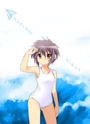  brown_eyes cameltoe commentary_request endless_eight female grey_hair mochizuki_yomogi nagato_yuki one-piece_swimsuit paper_airplane purple_hair short_hair solo suzumiya_haruhi_no_yuuutsu swimsuit wet white_one-piece_swimsuit 