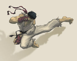  1boy barefoot black_hair commentary dougi english_commentary fingerless_gloves flying_kick gloves headband kicking male_focus muscular photoshop_(medium) realistic ryu_(street_fighter) solo street_fighter toes tom_waterhouse 