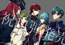  aqua_hair armor blue_eyes blue_hair cape eirika_(fire_emblem) ephraim_(fire_emblem) fire_emblem fire_emblem:_the_sacred_stones green_hair highres joshua_(fire_emblem) l&#039;arachel_(fire_emblem) long_hair looking_at_viewer multiple_girls one_eye_closed ponytail protected_link red_hair saitou_(166060) seth_(fire_emblem) short_hair skirt smile weapon 