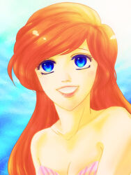  ariel ariel_(disney) bare_shoulders blue_eyes disney little_mermaid mermaid monster_girl pixiv pixiv_thumbnail portrait red_hair resized smile the_little_mermaid 