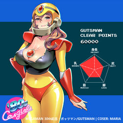  anniversary arm_at_side arm_guards armor bodysuit breasts brown_hair character_name character_profile chromatic_aberration cleavage closed_mouth collarbone commentary_request copyright_name covered_navel covered_nipples cowboy_shot female genderswap_(mtf) graph guts_man hair_between_eyes hand_on_own_hip helmet jewelry large_breasts lips long_hair looking_at_viewer mega_man_(classic) mega_man_(series) mega_man_1 necklace one3four! pendant radar_chart rule_63 shiny_clothes shoulder_pads skin_tight smile solo standing stats striped striped_background 