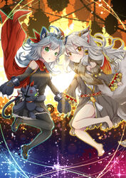  2girls akirannu animal_ears animal_hands barefoot bell black_dress blush cape cat_paws cat_tail character_doll commentary_request demon_horns detached_sleeves dress eyepatch feathered_wings floating full_body fur_trim hair_tubes highres horns ilmina_(p&amp;d) jingle_bell long_hair looking_at_viewer multiple_girls multiple_tails pantyhose puzzle_&amp;_dragons romia_(p&amp;d) shoes silver_hair tail tassel tiara very_long_hair wide_sleeves wings zuoh_(p&amp;d) 