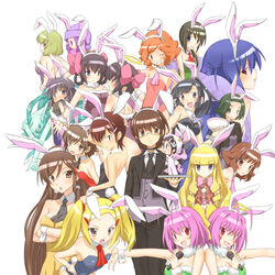  1boy 6+girls animal_ears aoyama_mio apollo_(kaminomi) ayukawa_tenri bare_legs black_hair blonde_hair blue_eyes bow brown_eyes brown_hair commentary_request diana_(kaminomi) dual_persona elysia_de_lute_ima everyone goidou_yui green_eyes haibara_nanaka hair_ornament hairbow haqua_d&#039;rot_herminium hat highres hinaga_rieko ikoma_minami kami_nomi_zo_shiru_sekai kasuga_hinoki kasuga_kusunoki katsuragi_keima kosaka_chihiro kujou_tsukiyo kurakawa_akari long_hair luna_(kaminomi) microphone multiple_girls nagase_jun nakagawa_kanon photoshop_(medium) pink_hair playboy_bunny purple_eyes rabbit_ears rabbit_tail red_eyes shiomiya_shiori short_hair smile tail takahara_ayumi uemoto_sumire yuto_(dialique) 