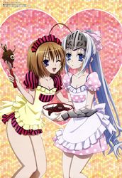  2girls absurdres ahoge apron armor bad_food blue_eyes bow breasts brown_hair chocolate cleavage eucliwood_hellscythe grey_hair hairbow haruna_(korezom) headdress highres imageboard_desourced kore_wa_zombie_desu_ka? long_hair megami_magazine multiple_girls non-web_source oerba_yun_fang official_art one_eye_closed polka_dot ponytail purple_eyes short_hair small_breasts tagashira_shinobu vambraces very_long_hair visor_(armor) whisk 