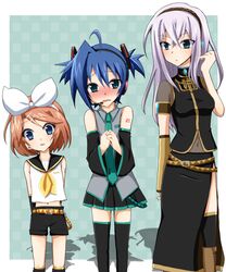  1boy 2girls cardfight!!_vanguard commentary_request cosplay crossdressing hatsune_miku hatsune_miku_(cosplay) kagamine_rin kagamine_rin_(cosplay) megurine_luka megurine_luka_(cosplay) multiple_girls sendou_aichi sendou_emi shinji_(udonteishoku) thighhighs tokura_misaki vocaloid 