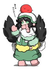  ._. alternate_costume alternate_headwear animal animal_on_head bird bird_on_head bird_wings black_hair black_wings cape coat commentary_request edowan female fur-trimmed_coat fur-trimmed_sleeves fur_coat fur_trim green_eyes green_skirt hat mittens on_head open_mouth photoshop_(medium) pink_footwear pink_scarf reiuji_utsuho scarf scarf_over_mouth simple_background skirt slippers solo touhou waving white_background wings winter_clothes 