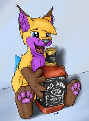  alcohol anthro bad_parenting beverage canid canine caracal caracal_(genus) drinking felid feline food fox fuzzywuff happy hi_res hybrid jack_daniel&#039;s male mammal simple_background solo whiskey young young_anthro zintrex 