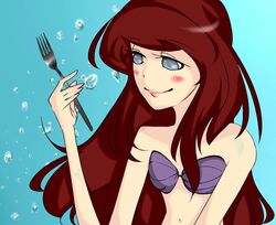  ariel ariel_(disney) blue_eyes blush disney fork little_mermaid pixiv pixiv_thumbnail red_hair resized the_little_mermaid 