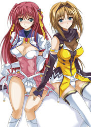  2girls bare_shoulders beat_angel_escalayer blue_eyes breasts brown_hair choukou_sennin_haruka cleavage commentary_request elbow_gloves escalayer fingerless_gloves gloves hair_intakes kouenji_sayuka large_breasts magical_girl multiple_girls noba_(veronicanoha) panties red_hair skirt takamori_haruka thighhighs underwear white_panties 