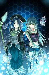  2girls belt blue_eyes blue_hair breasts choker cleavage commentary_request delsaber fomarl forehead_jewel from_above gloves green_eyes hex_grid highres holding holding_weapon hunewearl long_hair looking_at_viewer mag_(phantasy_star) magic_circle medium_breasts multiple_girls newman phantasy_star phantasy_star_online phantasy_star_online_font pointy_ears sato_(phantasy_star) short_hair shorts silver_hair single_glove staff sword tank_top weapon wide_sleeves wristband 