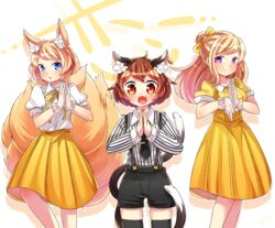  3girls alternate_costume alternate_hairstyle animal_ears black_legwear black_necktie black_shorts blonde_hair blue_eyes blush bow breasts brown_hair cat_ears cat_tail chen chestnut_mouth collared_shirt commentary_request cosplay dress fangs fox_ears fox_tail gloves hair_bun hairbow hand_gesture hoshino_gen hoshino_gen_(cosplay) ibaraki_natou koi_dance legs long_hair long_sleeves looking_at_viewer medium_breasts multiple_girls multiple_tails necktie no_headwear open_mouth orange_eyes own_hands_together puffy_short_sleeves puffy_sleeves purple_eyes ribbon shirt short_hair short_sleeves shorts sidelocks simple_background single_hair_bun skirt smile striped_clothes striped_shirt suspender_shorts suspenders tail thighhighs tie_clip tongue touhou two_tails white_background white_gloves white_shirt yakumo_ran yakumo_yukari yellow_dress yellow_skirt 