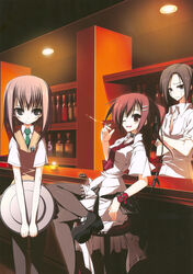  3girls black_pantyhose cigarette highres jpeg_artifacts mamiya_hasaki minakami_yuki multiple_girls pantyhose scan scan_artifacts scan_dust school_uniform smoking subarashiki_hibi suzuri_(tennenseki) waitress yuuki_tomosane 