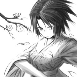  branch commentary_request female flower greyscale highres japanese_clothes kara_no_kyoukai kimono monochrome nahato_(nhtaao) petals ryougi_shiki solo 