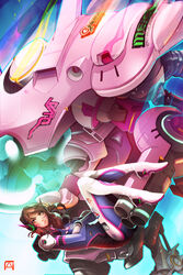  acronym arm_cannon armor bodysuit boots bracer breasts brown_eyes brown_hair character_name commentary crossed_arms d.va_(overwatch) emblem english_commentary eyeliner facepaint facial_mark female gatling_gun gloves gun headphones highres logo long_hair long_sleeves makeup mecha medium_breasts meka_(overwatch) overwatch overwatch_1 pauldrons pechan photoshop_(medium) pilot_suit ribbed_bodysuit robot shoulder_armor shoulder_pads skin_tight solo thigh_boots thigh_strap thighhighs turtleneck weapon whisker_markings white_footwear white_gloves 