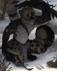  2017 5_fingers anthro arrow_(weapon) biped blonde_hair bow_(weapon) branch brown_body brown_fur claws clothed clothing cold cover dark_body dark_fur dark_paws digital_media_(artwork) felid fingers footprint footprints forest fur green_eyes grey_body grey_claws grey_ears grey_fur hair hi_res hide_(disambiguation) hiding holding_object holding_weapon hunting jewelry leopard light_body light_fur light_hair male mammal necklace outside pantherine paws plant poisewritik quiver_(object) ranged_weapon seeking short_hair sitting sneak sneaking snow snowpard solo toe_claws tree tuft weapon white_body white_ears white_fur winter 