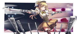  bad_id bad_pixiv_id beret blonde_hair boots brown_thighhighs detached_sleeves drill_hair dual_wielding female field_of_blades fingerless_gloves foreshortening gloves gun hair_ornament hairpin hat highres holding long_hair magical_girl magical_musket mahou_shoujo_madoka_magica mahou_shoujo_madoka_magica_(anime) multiple_weapons oda_masaki_(b-minor) outstretched_arms perspective planted planted_gun pleated_skirt puffy_sleeves ribbon rifle skirt solo spread_arms striped_clothes striped_thighhighs thighhighs tomoe_mami tomoe_mami_(magical_girl) twin_drills twintails vertical-striped_clothes vertical-striped_thighhighs weapon witch&#039;s_labyrinth yellow_eyes zettai_ryouiki 