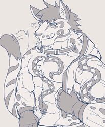  2017 anthro better_version_at_source clothed clothing eurobeat felid leopard likulau male mammal nekojishi pantherine solo studio_klondike tattoo tongue tongue_out 