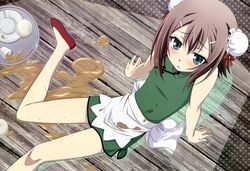  1boy absurdres apron baka_to_test_to_shoukanjuu blush brown_hair double_bun flats green_eyes hair_bun highres imageboard_desourced kinoshita_hideyoshi male_focus noda_megumi_(artist) non-web_source nyantype official_art otoko_no_ko scan short_hair solo tray 