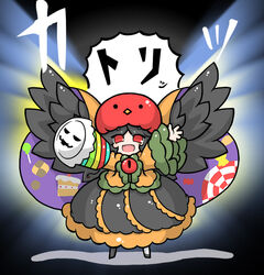  ._. :d alternate_color animal animal_on_head bird bird_on_head bird_wings black_hair black_wings blouse blush_stickers cake candy cape commentary_request edowan eyeball feathered_wings female food frilled_skirt frilled_sleeves frills halloween legs_apart long_sleeves on_head open_mouth orange_shirt parted_bangs party_popper photoshop_(medium) red_eyes reiuji_utsuho shirt skirt smile solo third_eye touhou wings 