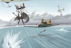  2girls abyssal_ship aircraft airplane bodysuit cane cape cloud cloudy_sky commentary_request day fairy_(kancolle) flying gloves grey_hair kantai_collection long_hair minase_(takaoka_nanase) multiple_girls ocean pale_skin propeller ryuusei_(kancolle) sky standing standing_on_liquid tomonaga_squadron_pilot_(kancolle) torpedo wo-class_aircraft_carrier 