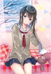  :o animal_print bare_tree bed between_legs black_hair blue_ribbon blue_skirt blush cardigan commentary_request female fingernails frilled_pillow frills grey_sailor_collar hair_between_eyes hair_ribbon hand_between_legs hand_up hanekoto head_tilt heart heart-shaped_pillow imouto_(hanekoto) index_finger_raised indoors long_hair long_sleeves looking_at_viewer on_bed original parted_lips pennant pillow plaid_pillow pleated_skirt purple_eyes rabbit_print ribbon sailor_collar school_uniform serafuku shirt sitting skirt sleeves_past_wrists snow snow_rabbit snowflake_print snowing solo string_of_flags stuffed_animal stuffed_rabbit stuffed_toy thighs tree twintails twitter_username very_long_hair white_shirt window 