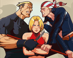  2boys bandana billy_kane blonde_hair blue_eyes blue_mary bo_staff breasts commentary crop_top crossed_arms faceoff fatal_fury female fingerless_gloves gloves halterneck knife lips medium_breasts multiple_boys muscular shirt short_hair t-shirt teeth the_king_of_fighters tom_waterhouse yamazaki_ryuuji 