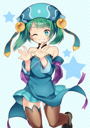  blue_eyes commentary_request dress female green_hair grin hat highres kaki_s looking_at_viewer one_eye_closed photoshop_(medium) puzzle_&amp;_dragons short_hair smile solo star_(symbol) strapless strapless_dress thighhighs xiao_qiao_(p&amp;d) 