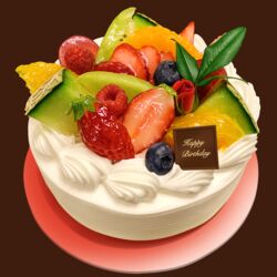  birthday_cake blueberry cake commentary_request english_text flower food food_focus fruit happy_birthday highres melon no_humans original peach photorealistic raspberry realistic rose strawberry toshi_(hokkaido2015) 