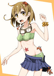  ahoge bandaid bandaid_on_face bikini brown_eyes brown_hair commentary_request crab female goggles goggles_around_neck hirayama_(hirayamaniwa) kantai_collection looking_at_viewer midriff oboro_(kancolle) open_clothes open_skirt pleated_skirt scrunchie short_hair skirt solo starfish sweat swimsuit wrist_scrunchie 