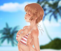  bikini blonde_hair blue_eyes blurry blush breasts cleavage commentary_request day depth_of_field female gochou_(kedama) halterneck large_breasts open_mouth original outdoors short_hair solo strap_gap striped_bikini striped_clothes swimsuit upper_body 