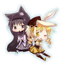  2girls ;o akemi_homura akemi_homura_(magical_girl) animal_ears black_eyes black_hair blonde_hair blush cat_ears chibi commentary_request drill_hair flower hair_flower hair_ornament hairband kemonomimi_mode kneeling long_hair mahou_shoujo_madoka_magica mahou_shoujo_madoka_magica_(anime) multiple_girls myama one_eye_closed pantyhose rabbit_ears sitting tomoe_mami tomoe_mami_(magical_girl) yellow_eyes 