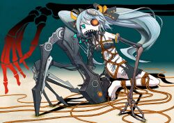  android aqua_hair bondage bone calne_ca glowing glowing_eye heterochromia highres isopod karune_calcium nightmare_fuel rope saboterian sharp_teeth twintails 