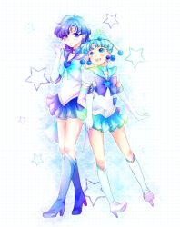  2girls amazons_quartet back_bow bishoujo_senshi_sailor_moon bishoujo_senshi_sailor_moon_stars blue_choker blue_eyes blue_footwear blue_hair blue_sailor_collar blue_skirt blue_theme boots bow brooch choker color_connection commentary_request full_body gloves heart heart_brooch high_heels jewelry knee_boots magical_girl mizuno_ami multiple_girls pallapalla_(sailor_moon) pleated_skirt ribbon sailor_collar sailor_mercury sailor_pallas sailor_senshi sailor_senshi_uniform shoes short_hair skirt star_(symbol) star_brooch star_choker super_sailor_mercury tiara torao_(torakmn) white_gloves 