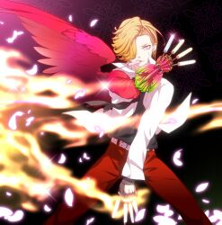  1boy ankh_(ooo) belt blonde_hair braid commentary_request fingerless_gloves food gloves hair_over_one_eye izumi_shingo kamen_rider kamen_rider_ooo_(series) long_sleeves male_focus mouth_hold necktie pants petals pink_eyes popsicle samurai10932 single_wing solo wings 