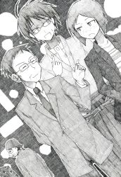  3boys ahoge arai_chie bad_id bad_pixiv_id bird black_hair drunk dutch_angle female formal glasses hakama hakama_skirt ichiba_youichi itoshiki_nozomu japanese_clothes jinroku_(szs) kimono maedax monochrome multiple_boys necktie nib_pen_(medium) penguin pointing sayonara_zetsubou_sensei shaded_face skirt suit sweatdrop traditional_media 