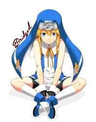  1boy arc_system_works bike_shorts blonde_hair blush bridget bridget character_name crossdressing crossdressing english fingerless_gloves gloves green_eyes guilty_gear habit highres long_hair nun ooike_teru sitting smile solo trap 