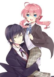  1boy :d ahoge bad_id bad_pixiv_id black_hair blazer blue_eyes bow brooch carrying couple female formal gloves hairbow hug jacket jewelry light_smile nakayama_miyuki open_mouth original pink_hair plaid smile straight suit twintails yellow_eyes 