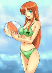  bad_id bad_pixiv_id ball beachball bikini blue_eyes braid breasts cleavage female green_bikini highres hong_meiling long_hair medium_breasts navel open_mouth red_hair shino-puchihebi sideboob smile solo swimsuit touhou twin_braids 