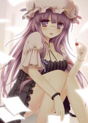  bespectacled blush bolo_tie bracelet breasts brown_eyes cherry cleavage commentary_request cpu_(hexivision) crescent female food fruit glasses hat holding holding_food holding_fruit jewelry long_hair looking_at_viewer medium_breasts panties pantyshot patchouli_knowledge purple_hair red_eyes sitting solo touhou underwear 