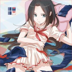  black_hair blue_eyes commentary_request female long_hair lying mattie on_back pillow sailorbon school_uniform serafuku solo 