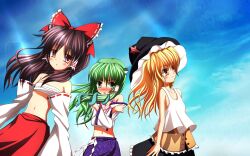  3girls bad_id bad_pixiv_id bare_shoulders blonde_hair bra breasts brown_eyes brown_hair commentary_request green_eyes green_hair hair_ribbon hair_tubes hakurei_reimu hat highres kirisame_marisa kochiya_sanae lingerie md5_mismatch mille multiple_girls navel no_shirt ribbon sarashi skirt small_breasts tank_top touhou underwear yellow_eyes 