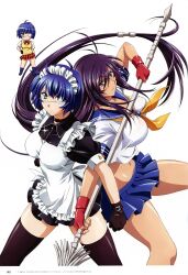  2girls absurdres blue_eyes blue_hair chibi crop_top eyepatch gloves headdress highres ikkitousen kan&#039;u_unchou long_hair low-tied_long_hair maid mole mole_under_mouth multiple_girls photoshop_(medium) purple_hair rin-sin ryomou_shimei scan school_uniform short_hair thighhighs 