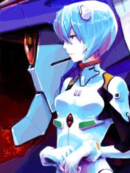  ayanami_rei blue_hair bodysuit commentary_request eva_00 female hair_ornament head kan_(tachi) mecha neon_genesis_evangelion plugsuit red_eyes robot tegaki white_bodysuit 