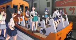  6+girls animal_ears bad_id bad_pixiv_id bottle cat_ears exercise_bike hand_mirror hand_on_own_hip hands_on_own_hips highres mirror multiple_girls original photoshop_(medium) pleated_skirt ponytail school_uniform skirt sock_pull sukabu sweat water_bottle 