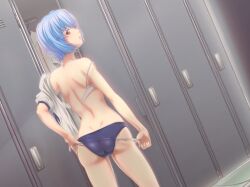  adjusting_clothes adjusting_panties ass ayanami_rei back blue_buruma blue_hair bra buruma chakabo commentary_request female from_behind gym_uniform lingerie locker locker_room looking_back neon_genesis_evangelion open_bra open_mouth panties panty_pull photoshop_(medium) red_eyes short_hair solo underwear 