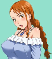  alternate_hairstyle angry anjou_naruko ano_hi_mita_hana_no_namae_wo_bokutachi_wa_mada_shiranai. asymmetrical_bangs bare_shoulders blush bow bra_strap braid breasts commentary_request female jewelry large_breasts looking_at_viewer necklace nigou open_mouth orange_eyes orange_hair solo twin_braids twintails 