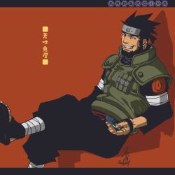  1boy beard cigarette commentary_request facial_hair flak_jacket forehead_protector grin jacket lighter male_focus manly naruto naruto_(series) orange_background ryuuki_garyuu sarutobi_asuma smile smoking solo tan 